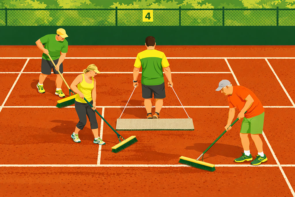 Grafik, auf der verschiedene Menschen einen Tennisplatz fegen